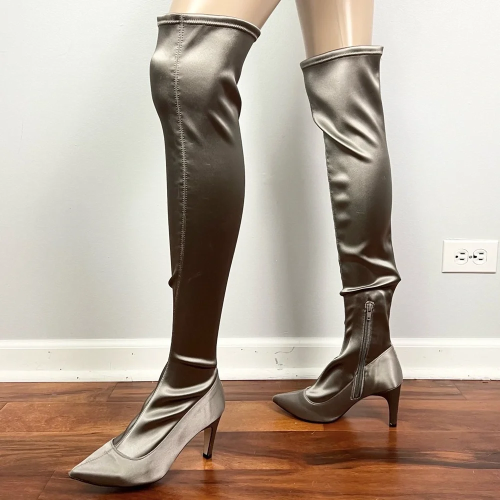 FREE PEOPLE GRAY SATIN OVER-THE-KNEE BOOTS - Picture 5 of 9